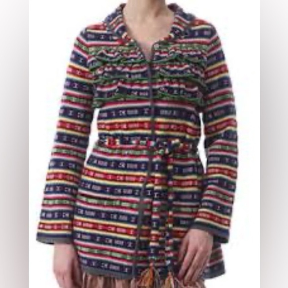 ODD MOLLY Vintage Lambswool Ruffle Multicolored Striped Tie Cardigan Size 2/ US8